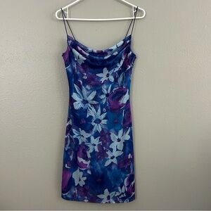 Vintage 90s Byer Too! Blue Purple Floral Mesh Spaghetti Strap Dress M Cowl Neck